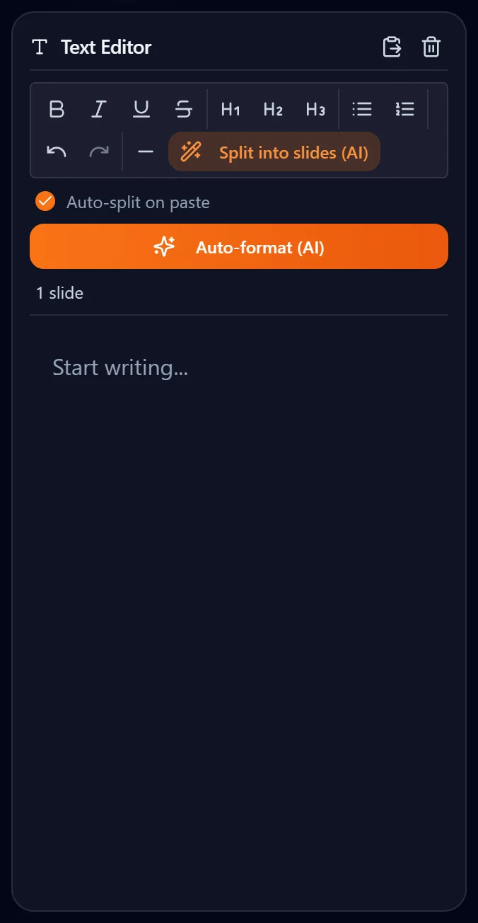Paste your text and split it into slides