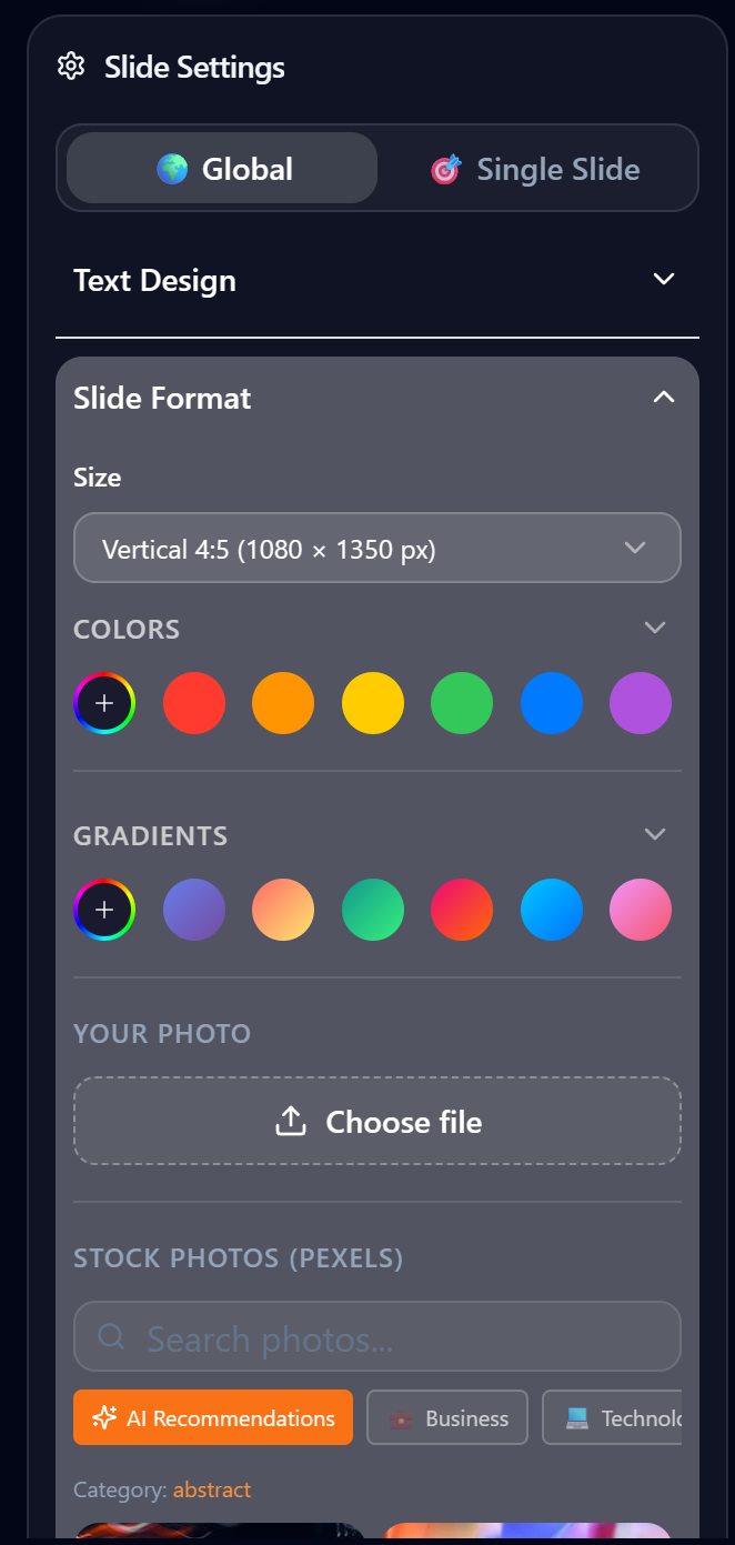 Slide Format — size, background, photos - desktop