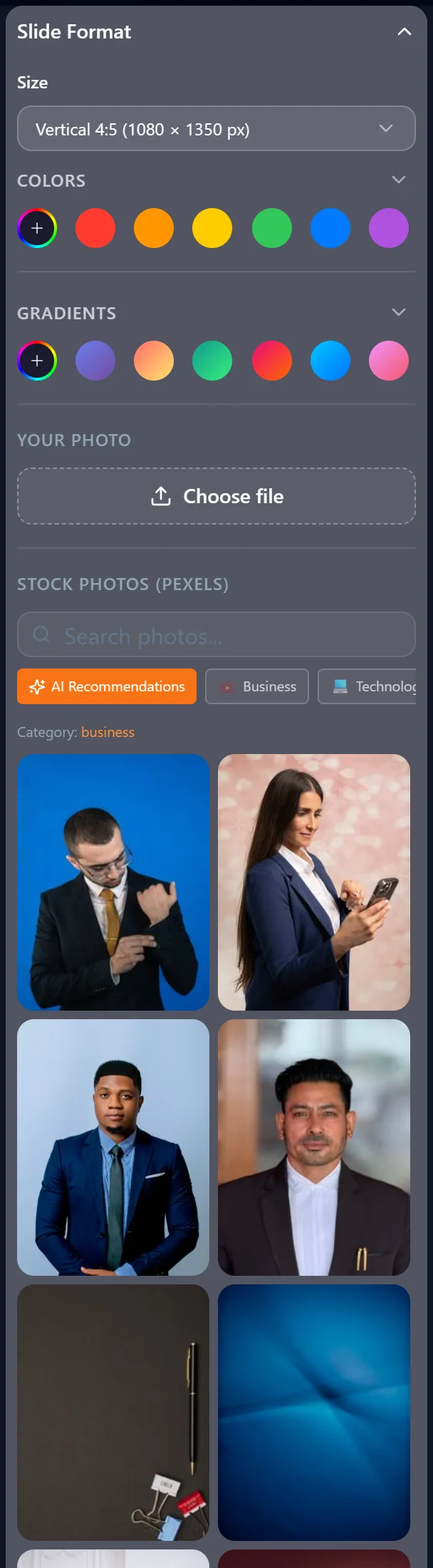 Slide format — size, background, photos