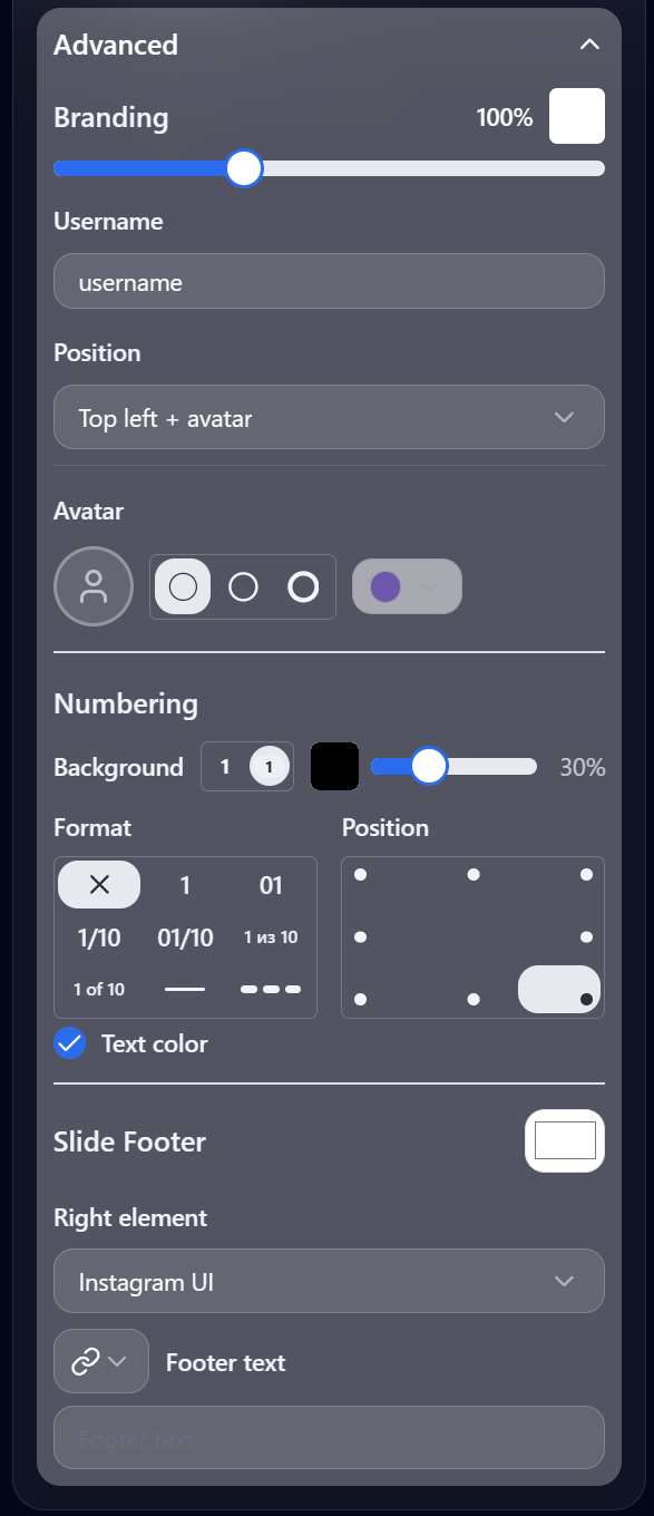 Advanced — branding, numbering, footer - desktop