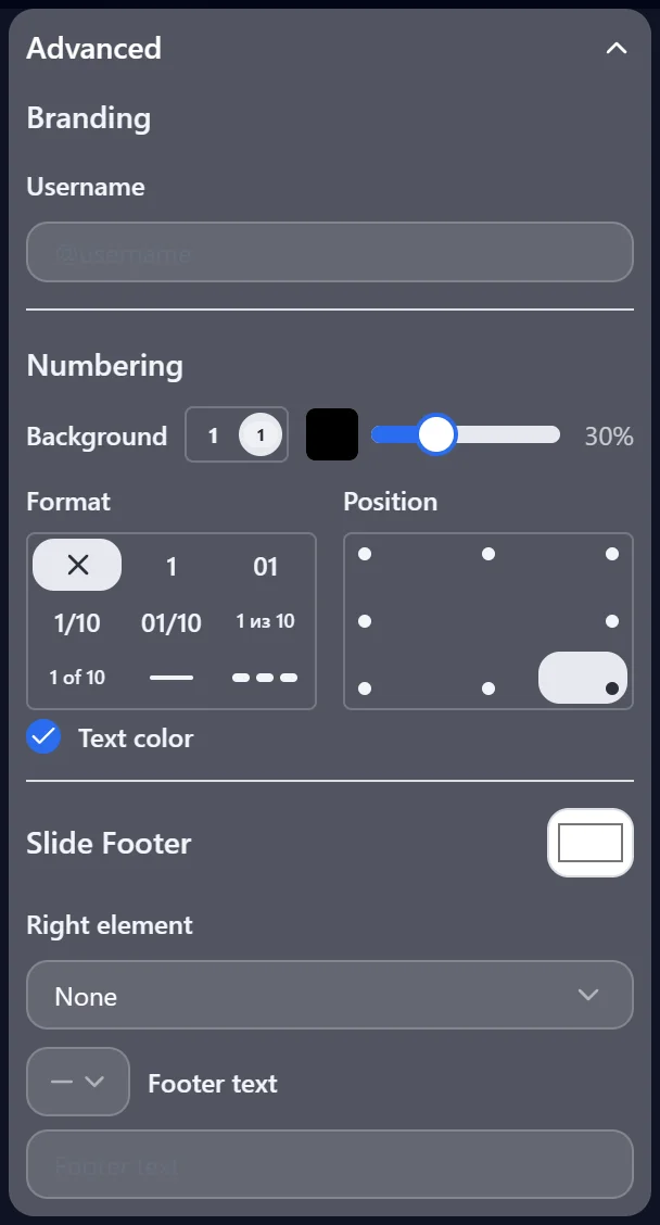 Extras — branding, numbering, footer