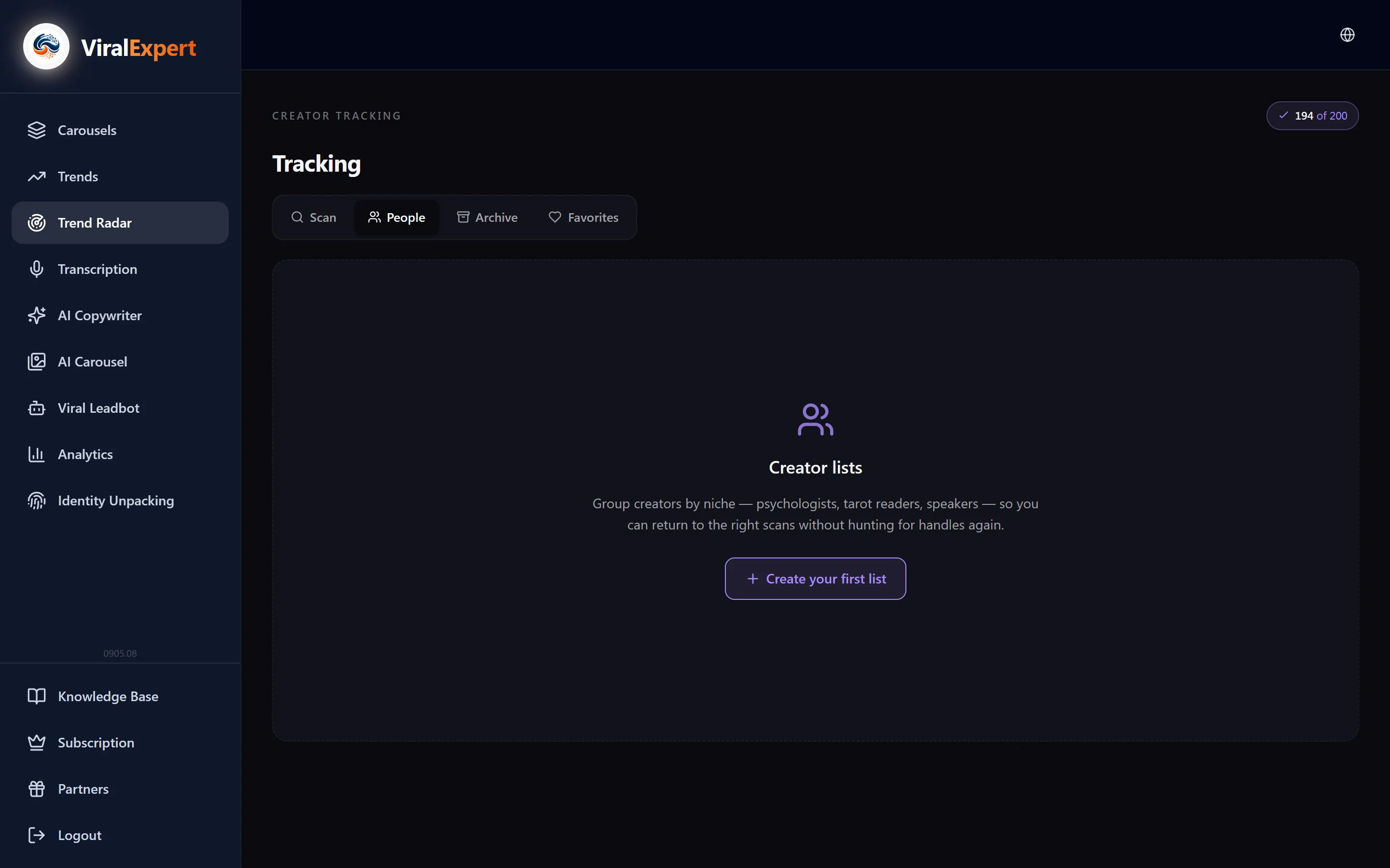 Export, favorites and creator lists